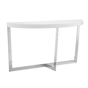 Tini 55 Inch Console Table, Oval Top, Chrome Frame, Sleek White Finish