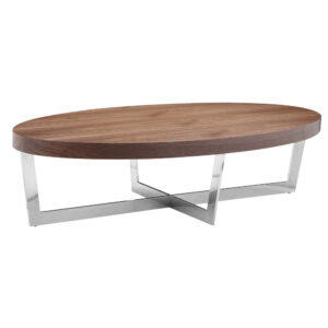 Tini 55 Inch Coffee Table, Oval Top, Chrome Frame, Walnut Brown Finish