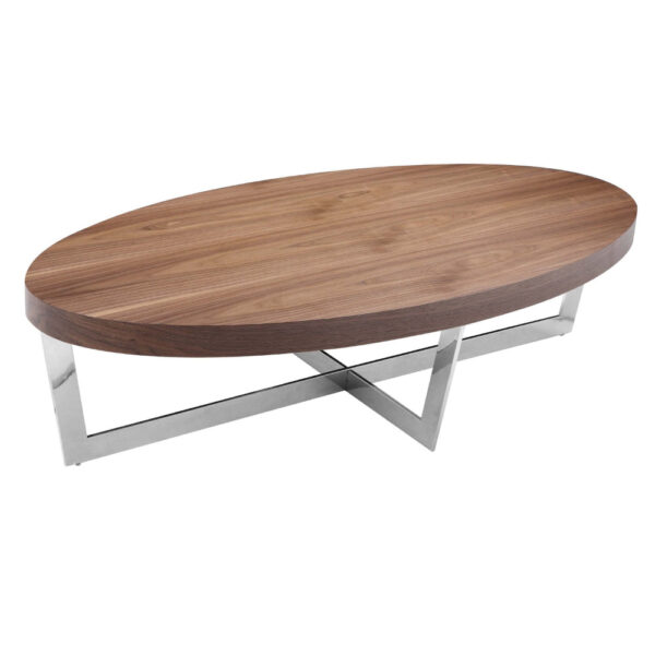 Tini 55 Inch Coffee Table, Oval Top, Chrome Frame, Walnut Brown Finish