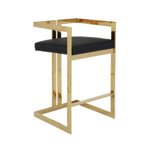 Suki 30 Inch Barstool Chair, Black Faux Leather Seat, Gold Cantilever Base