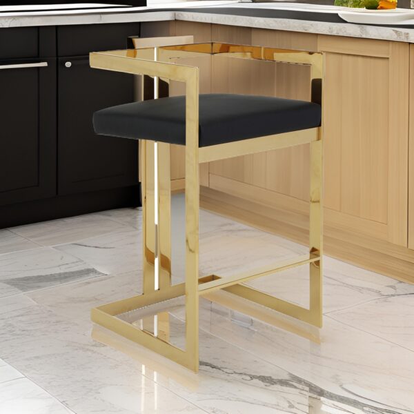 Suki 30 Inch Barstool Chair, Black Faux Leather Seat, Gold Cantilever Base