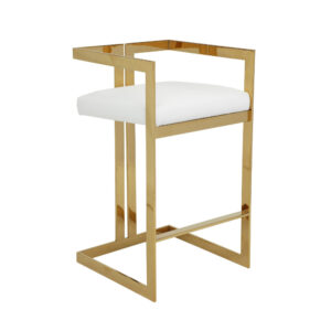 Suki 30 Inch Barstool Chair, White Faux Leather Seat, Gold Cantilever Base
