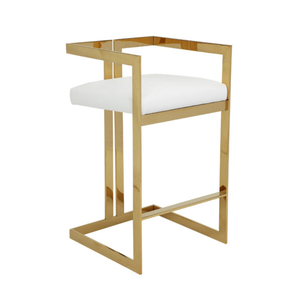 Suki 30 Inch Barstool Chair, White Faux Leather Seat, Gold Cantilever Base