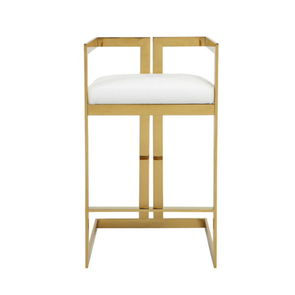 Suki 30 Inch Barstool Chair, White Faux Leather Seat, Gold Cantilever Base