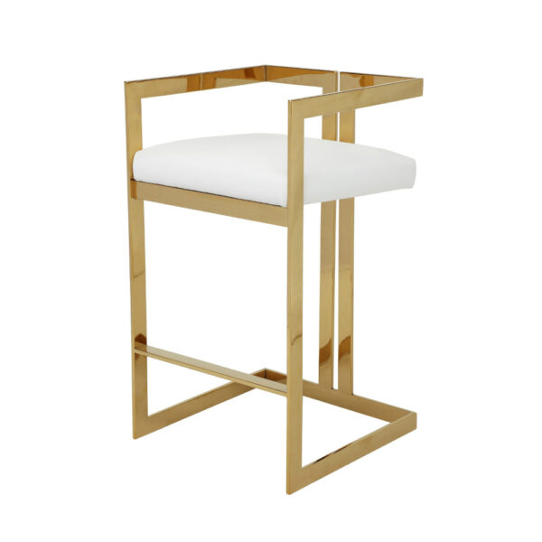 Suki 30 Inch Barstool Chair, White Faux Leather Seat, Gold Cantilever Base