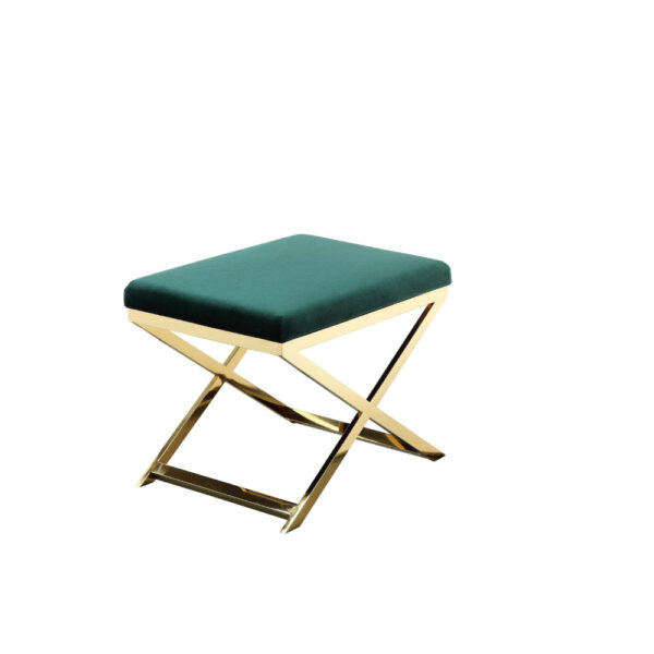 Sovi 24 Inch Accent Stool Ottoman Bench, Plush Green Velvet, Gold X Base
