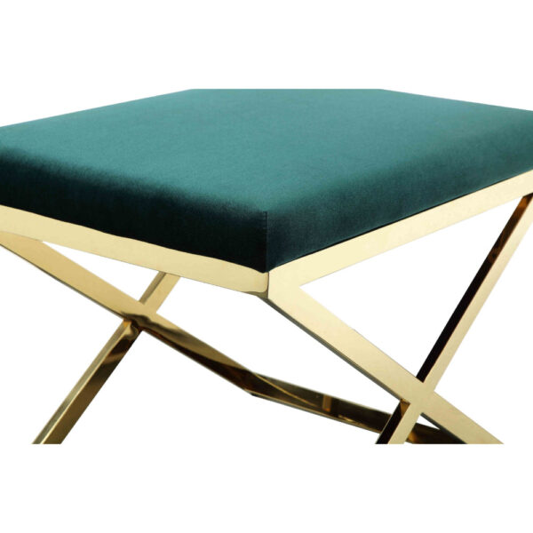 Sovi 24 Inch Accent Stool Ottoman Bench, Plush Green Velvet, Gold X Base
