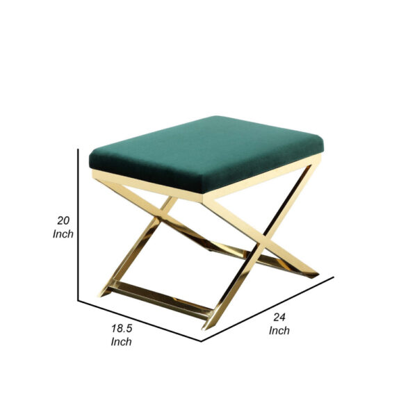 Sovi 24 Inch Accent Stool Ottoman Bench, Plush Green Velvet, Gold X Base