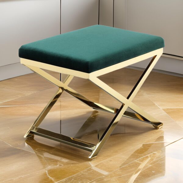 Sovi 24 Inch Accent Stool Ottoman Bench, Plush Green Velvet, Gold X Base