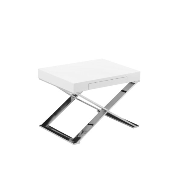Rix 21 Inch Side End Table, 1 Drawer, X Shape Steel Legs, White Wood Top