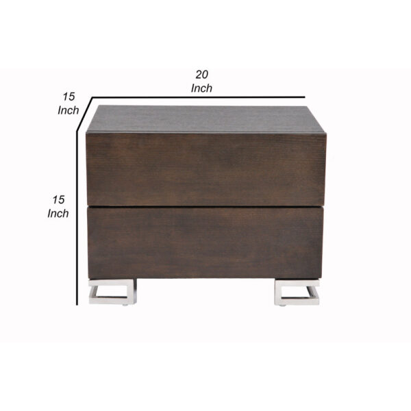 Sam 20 Inch Nightstand, 2 Drawers, Espresso Brown, High Polished Metal Legs