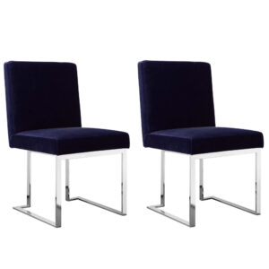 Boly 19 Inch Dining Chair, Set of 2, Navy Blue Velvet, Foam, Chrome Steel