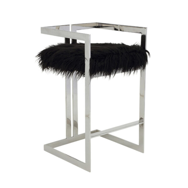Suki 30 Inch Barstool Chair, Cushioned Black Faux Fur, Silver Cantilever