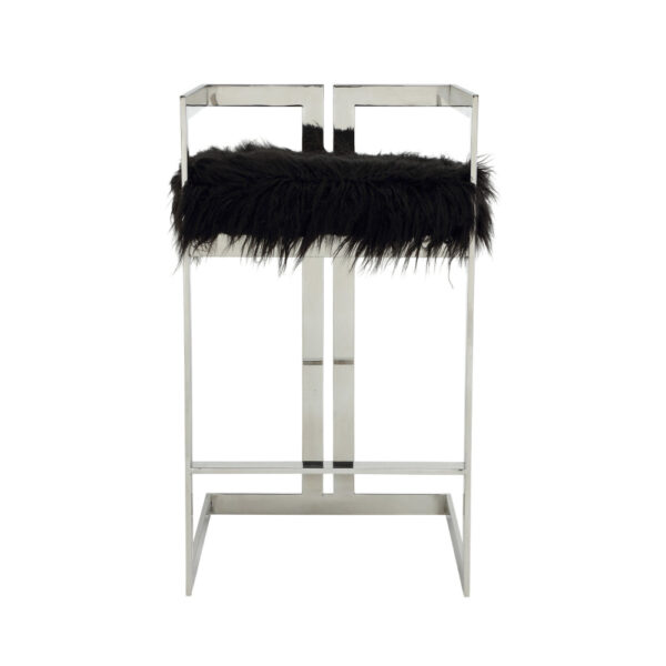 Suki 30 Inch Barstool Chair, Cushioned Black Faux Fur, Silver Cantilever