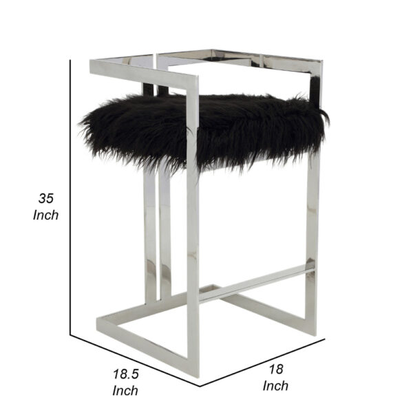 Suki 30 Inch Barstool Chair, Cushioned Black Faux Fur, Silver Cantilever
