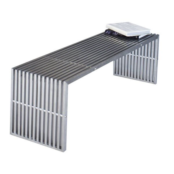 Niki 55 Inch Metal Bench, Slatted, Rectangular Shape, Brushed Silver Steel