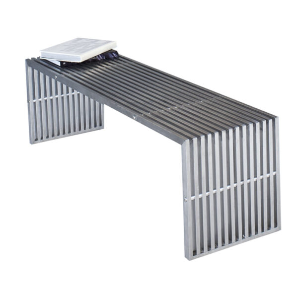 Niki 55 Inch Metal Bench, Slatted, Rectangular Shape, Brushed Silver Steel