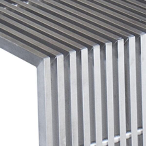 Niki 55 Inch Metal Bench, Slatted, Rectangular Shape, Brushed Silver Steel