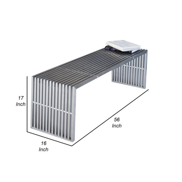 Niki 55 Inch Metal Bench, Slatted, Rectangular Shape, Brushed Silver Steel