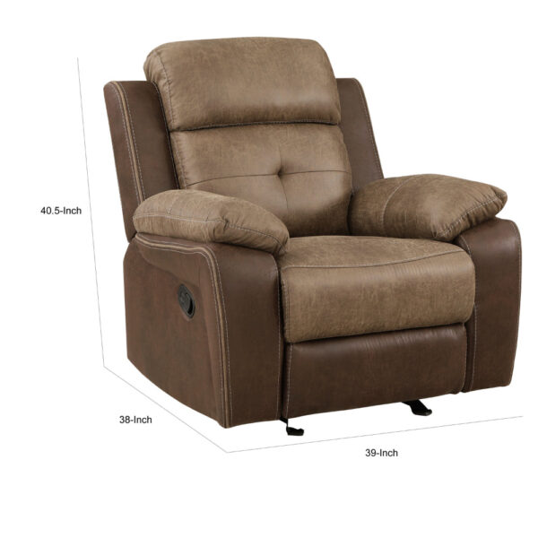 Emma 38 Inch Manual Glider Recliner Chair, Brown Microfiber, Solid Wood
