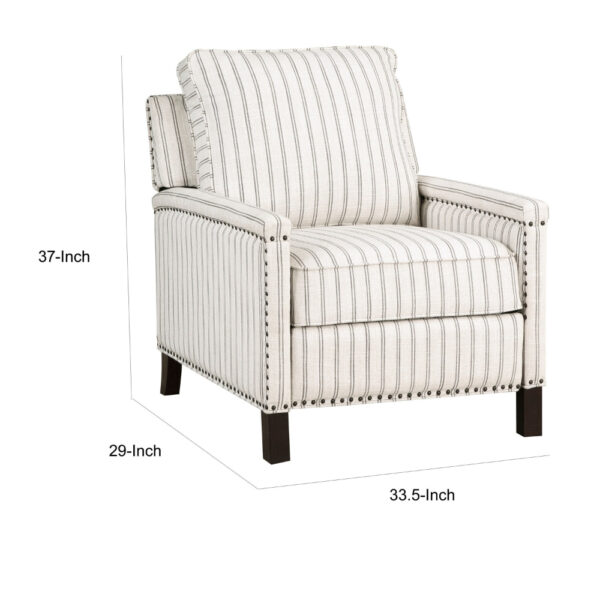 Claire 34 Inch Accent Chair, Push Recliner, Beige Gray Polyester Pinstripes