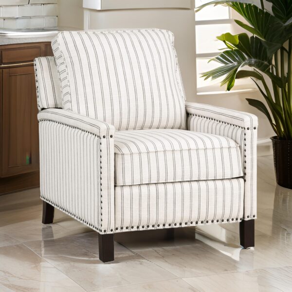 Claire 34 Inch Accent Chair, Push Recliner, Beige Gray Polyester Pinstripes