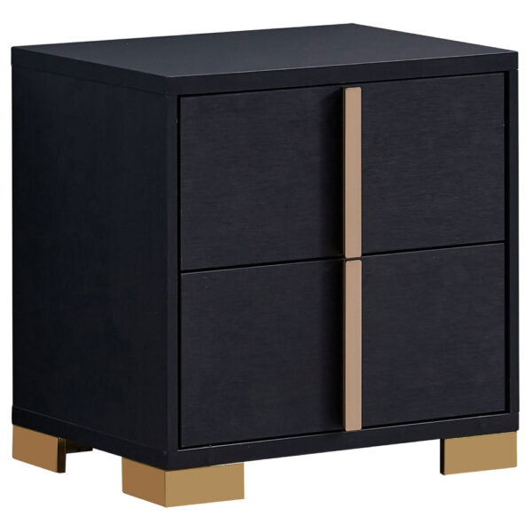 Dex 22 Inch Nightstand, 2 Drawers with Long Vertical Gold Handles, Black