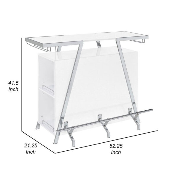 Leo 52 Inch Wine Bar Cabinet with Storage, Shelves, White, Chrome Steel