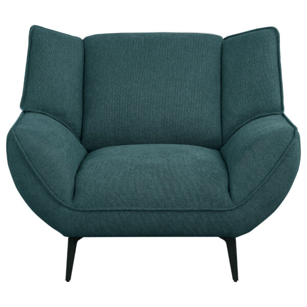 Toer 43 Inch Accent Sofa Chair, Flared Arms, Teal Blue Fabric, Black Metal