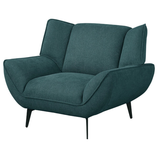 Toer 43 Inch Accent Sofa Chair, Flared Arms, Teal Blue Fabric, Black Metal