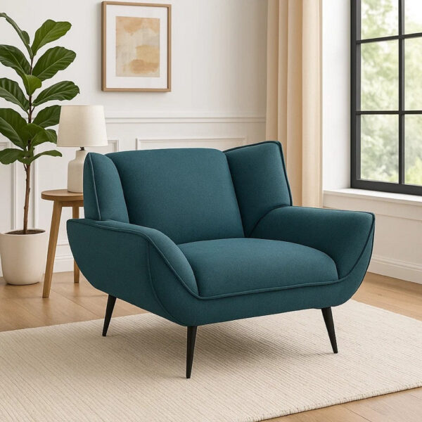Toer 43 Inch Accent Sofa Chair, Flared Arms, Teal Blue Fabric, Black Metal