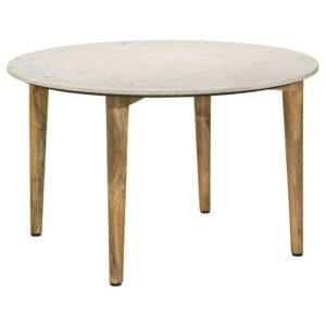 Wolu 30 Inch Coffee Table, White Marble Round Top, Natural Brown Mango Wood