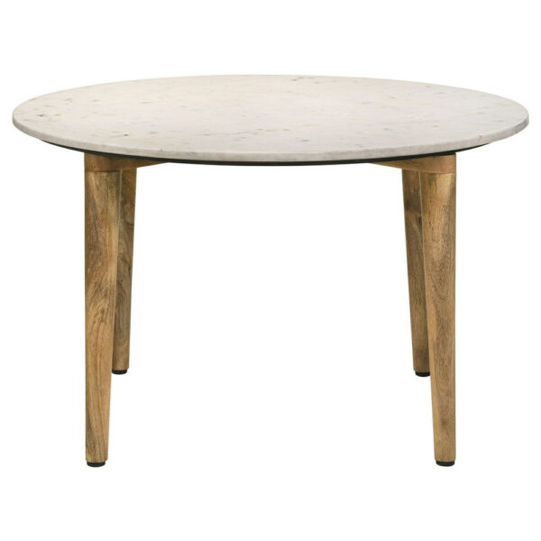 Wolu 30 Inch Coffee Table, White Marble Round Top, Natural Brown Mango Wood