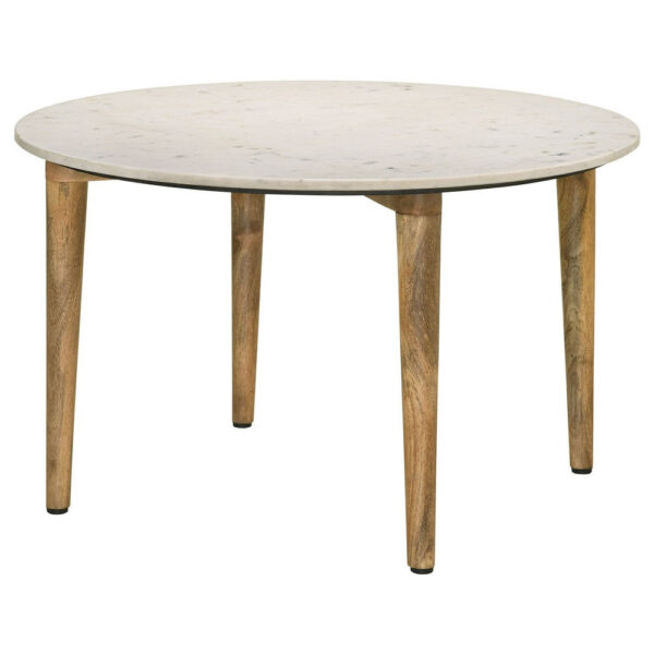 Wolu 30 Inch Coffee Table, White Marble Round Top, Natural Brown Mango Wood