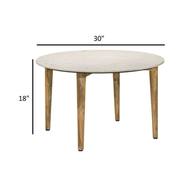 Wolu 30 Inch Coffee Table, White Marble Round Top, Natural Brown Mango Wood