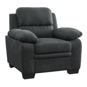Hugh 36 Inch Accent Chair, Dark Gray Polyester, Foam Cushioned, Solid Wood