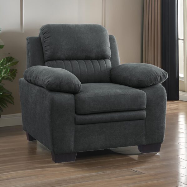 Hugh 36 Inch Accent Chair, Dark Gray Polyester, Foam Cushioned, Solid Wood