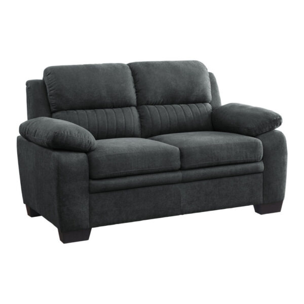Hugh 58 Inch Loveseat, Dark Gray Polyester, Foam Cushioned, Solid Wood