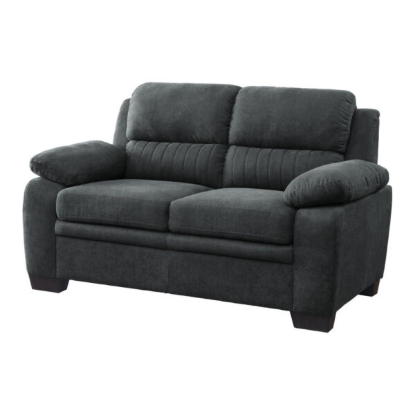 Hugh 58 Inch Loveseat, Dark Gray Polyester, Foam Cushioned, Solid Wood