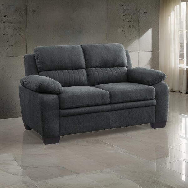 Hugh 58 Inch Loveseat, Dark Gray Polyester, Foam Cushioned, Solid Wood