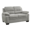 Hugh 58 Inch Loveseat, Gray Polyester, Soft Foam Cushioned, Solid Wood
