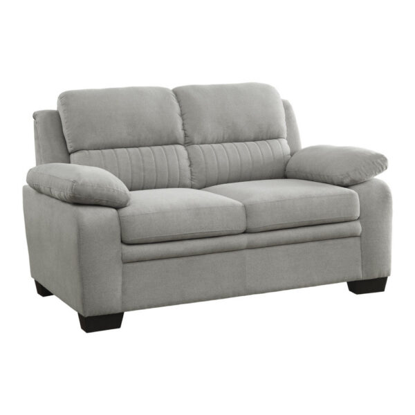 Hugh 58 Inch Loveseat, Gray Polyester, Soft Foam Cushioned, Solid Wood
