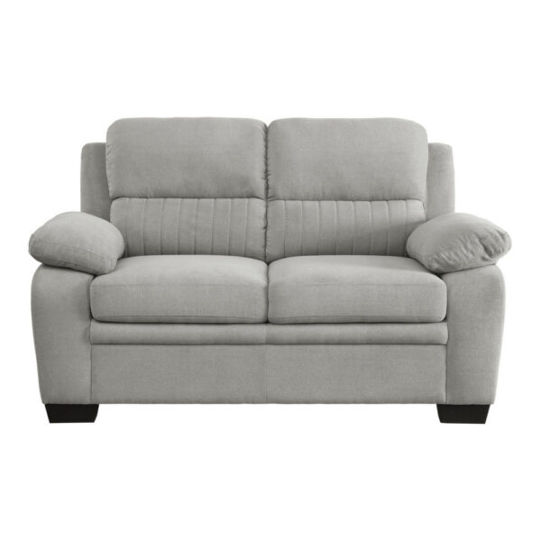 Hugh 58 Inch Loveseat, Gray Polyester, Soft Foam Cushioned, Solid Wood