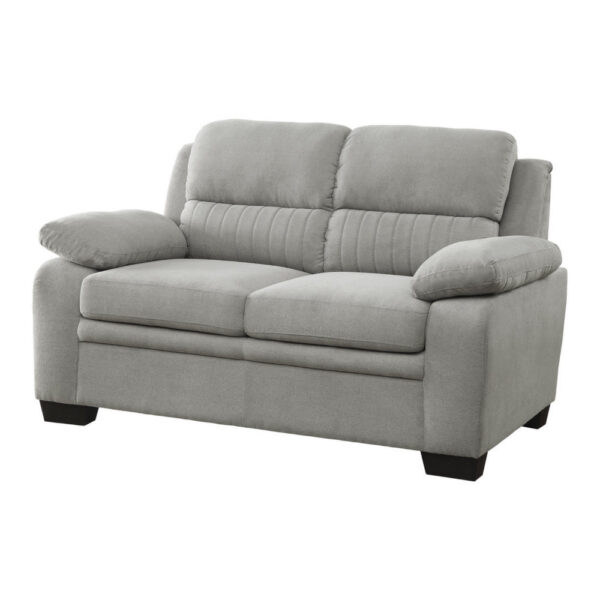 Hugh 58 Inch Loveseat, Gray Polyester, Soft Foam Cushioned, Solid Wood