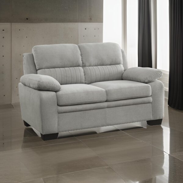 Hugh 58 Inch Loveseat, Gray Polyester, Soft Foam Cushioned, Solid Wood