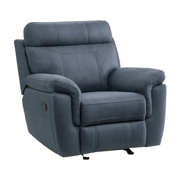 Clif 38 Inch Manual Glider Reclining Accent Chair, Blue Microfiber, Wood