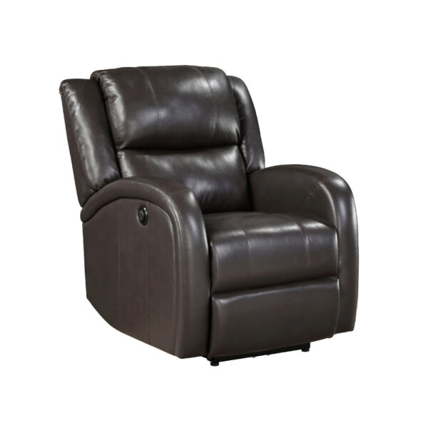 Karena 38 Inch Power Reclining Accent Chair, Brown Faux Leather, Solid Wood