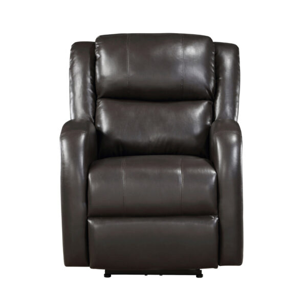 Karena 38 Inch Power Reclining Accent Chair, Brown Faux Leather, Solid Wood