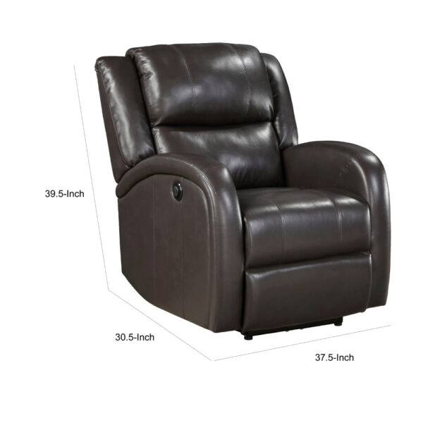 Karena 38 Inch Power Reclining Accent Chair, Brown Faux Leather, Solid Wood