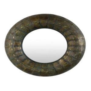 33 Inch Decorative Wall Mirror, Round Embossed Design, Bronze Metal